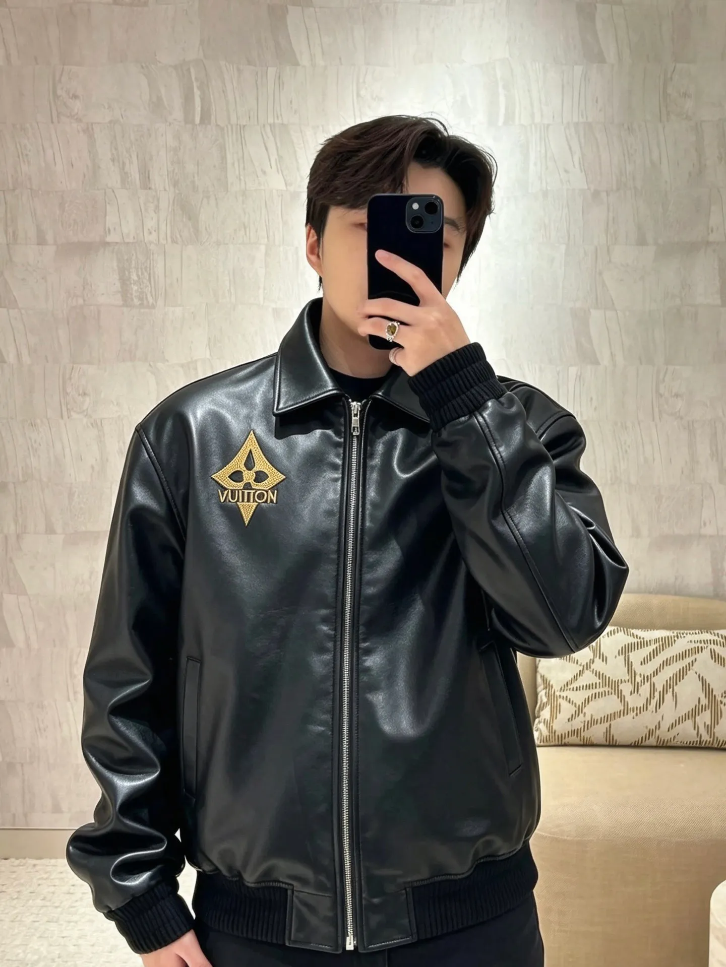 Louis Vuitton/Louis Vuitton black gold embroidered logo lapel leather jacket